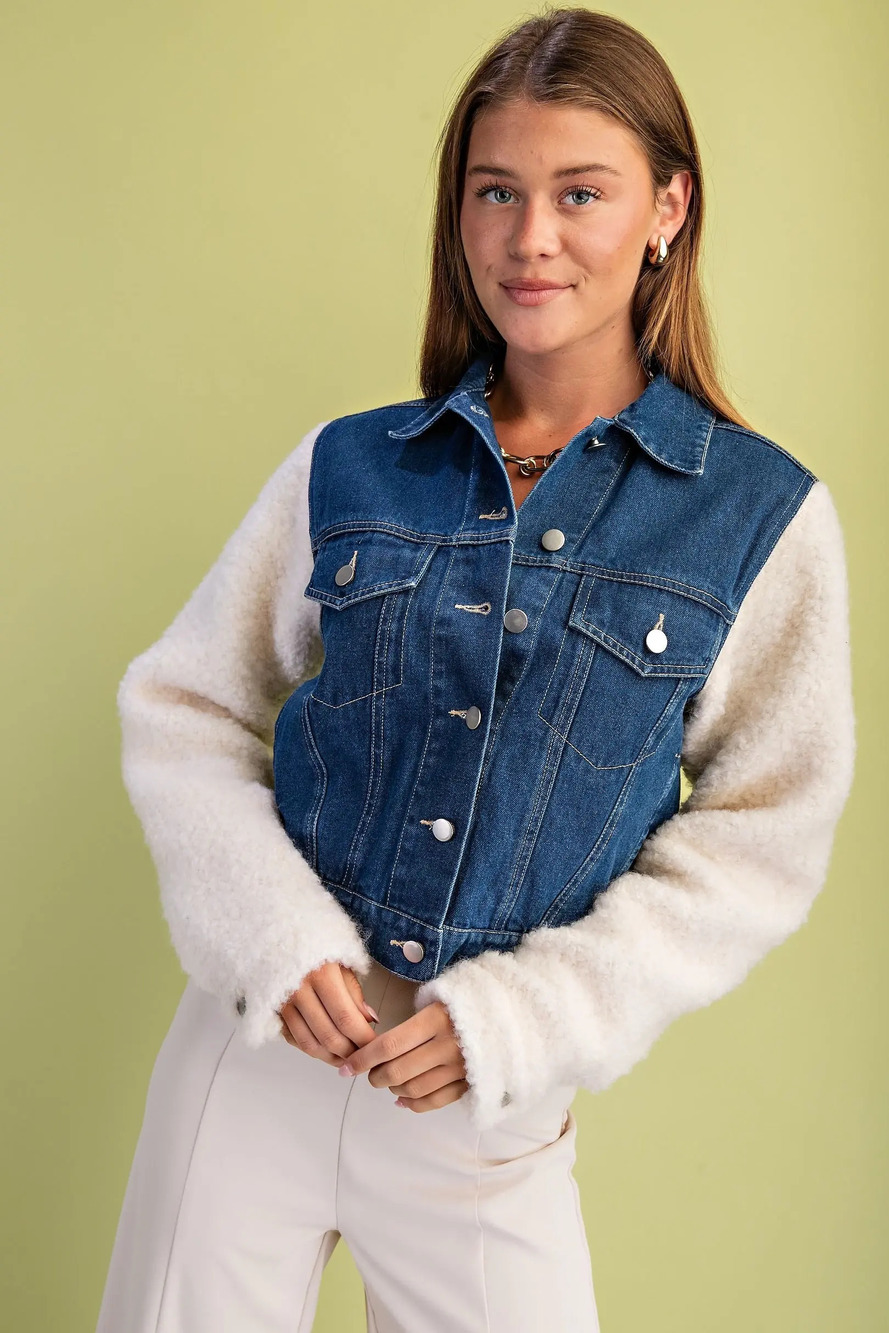 TG-1900 | Gigio Denim Jacket | Sherpa Sleeves | Dark Wash | Sizes S-L